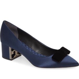 New Tory Burch Gigi Block Heel Pump, Navy Blue Satin, Crystal Embellished Logo